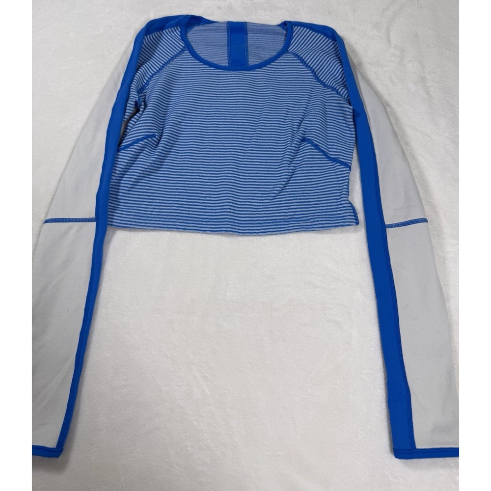 Lululemon Womens S Blue Striped Crop Top Long Sleeve Thumbhole Athletic Shirt